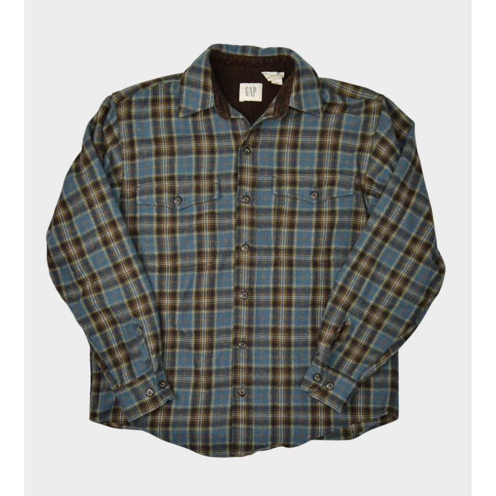 Gap Shirt Mens Small Blue Plaid Wool Flannel Button Up Long Sleeve Recycled